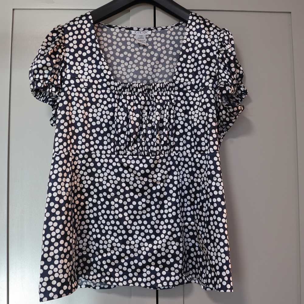 JG Hook Blue & White Polka Dot Blouse – Size 14W 💙⚪